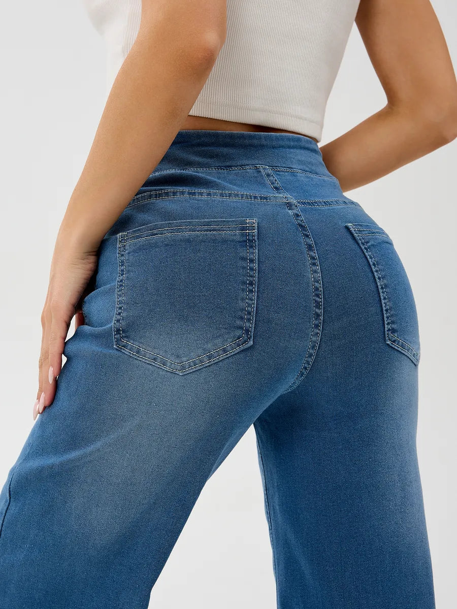 Blue Wide-Leg Straight Jeans with Elastic Waist