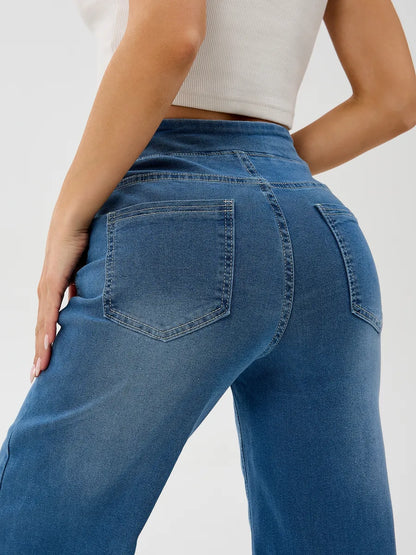 Blue Wide-Leg Straight Jeans with Elastic Waist