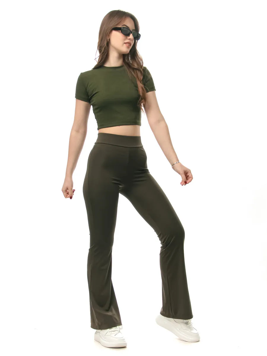 High-Waist Khaki Flared Leggings – Stretchy Slim-Fit Comfort Pants