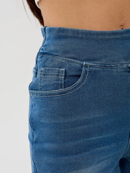 Blue Wide-Leg Straight Jeans with Elastic Waist