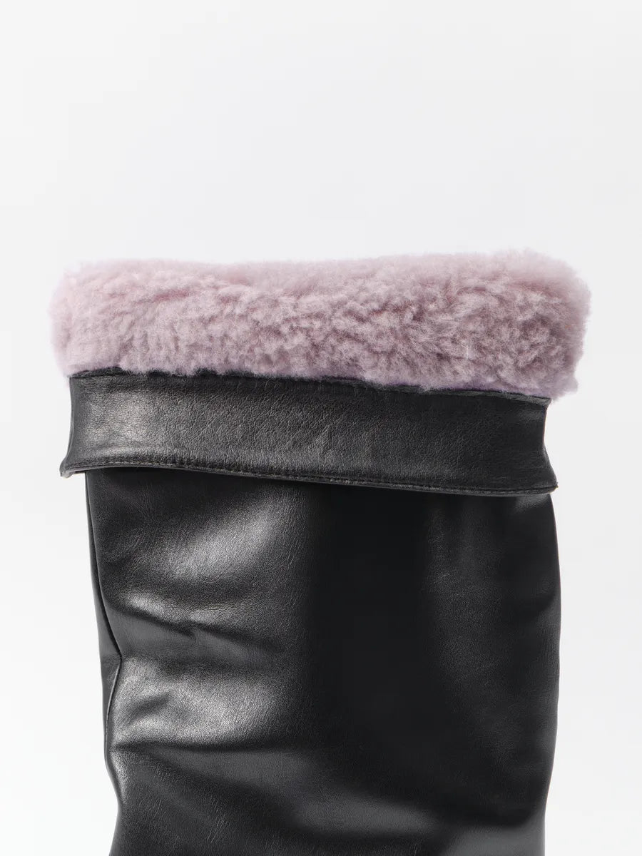 Winter Knee-High Boots for Women, Low Heel, Sleek Faux Leather, Warm Synthetic Fur Lining