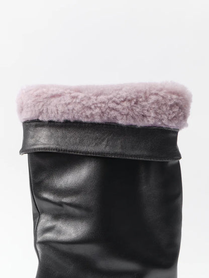 Winter Knee-High Boots for Women, Low Heel, Sleek Faux Leather, Warm Synthetic Fur Lining