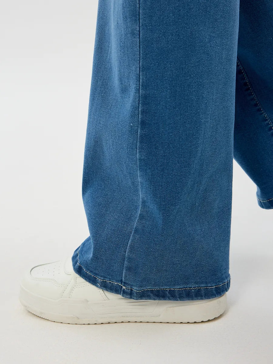 Blue Wide-Leg Straight Jeans with Elastic Waist