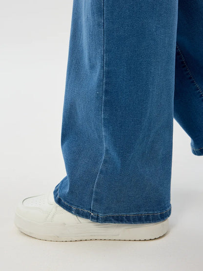 Blue Wide-Leg Straight Jeans with Elastic Waist