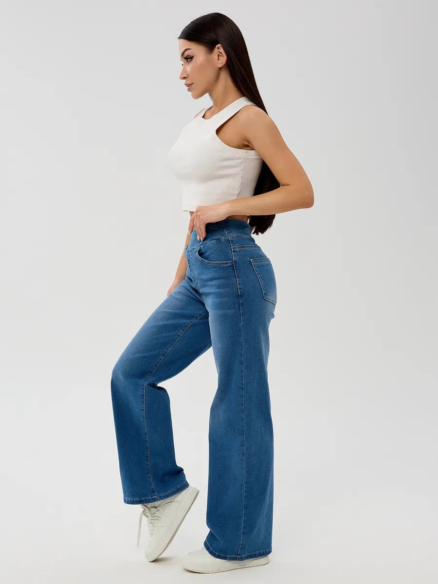 Blue Wide-Leg Straight Jeans with Elastic Waist