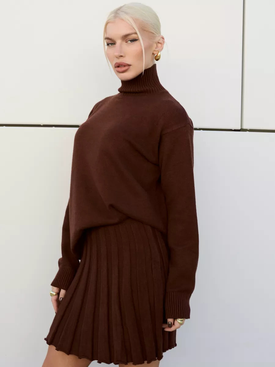 Knitted Two-Piece Set for Women – Ribbed Sweater and Skirt