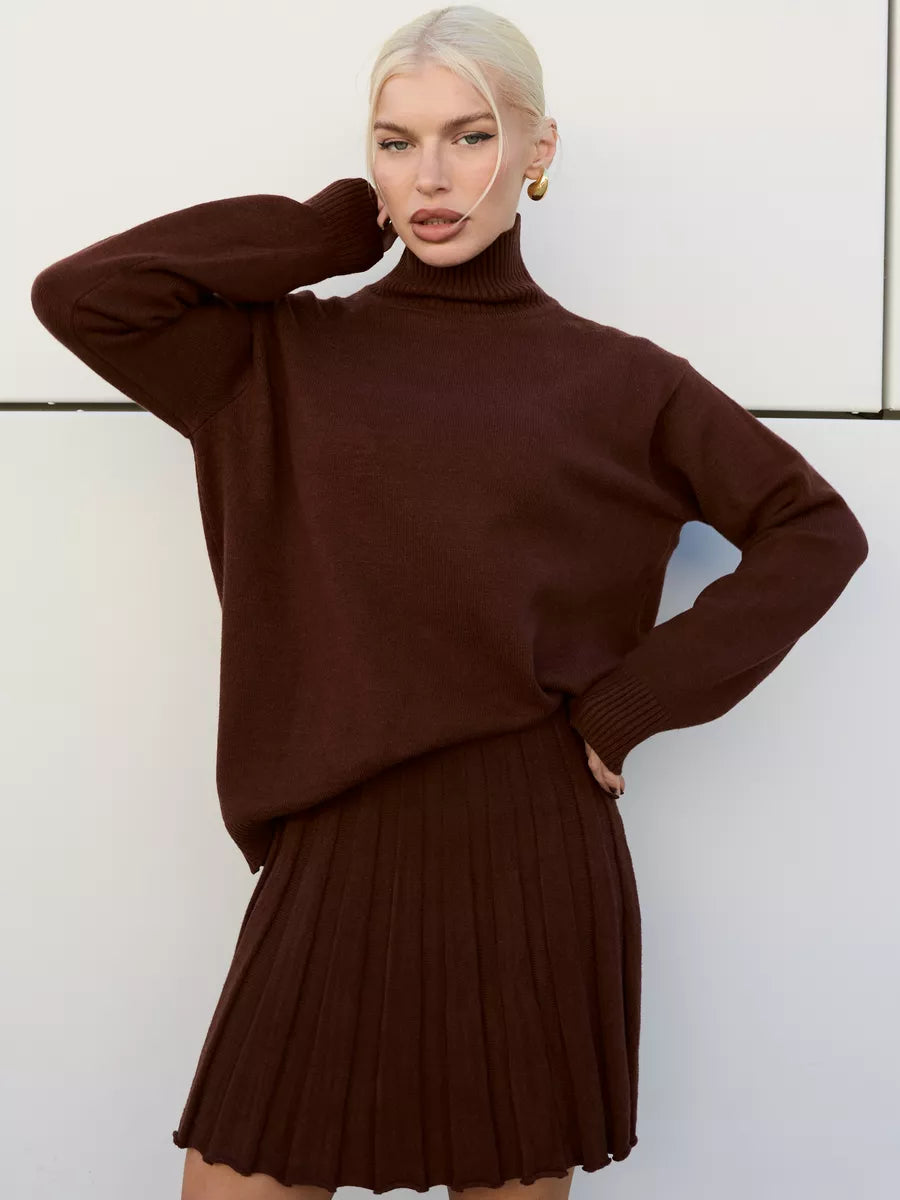 Knitted Two-Piece Set for Women – Ribbed Sweater and Skirt