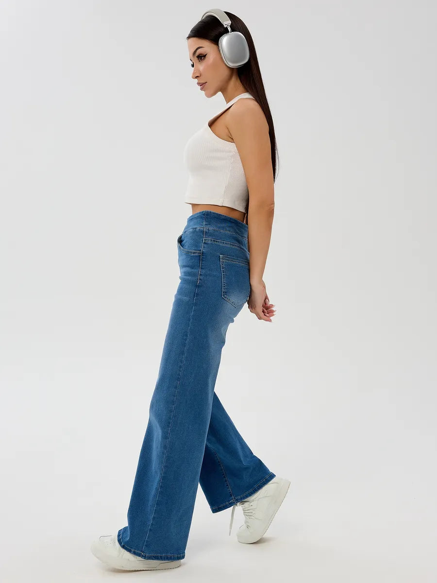 Blue Wide-Leg Straight Jeans with Elastic Waist