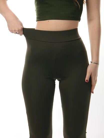 High-Waist Khaki Flared Leggings – Stretchy Slim-Fit Comfort Pants