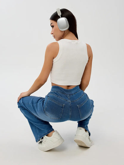 Blue Wide-Leg Straight Jeans with Elastic Waist