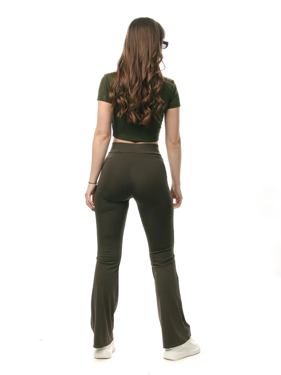 High-Waist Khaki Flared Leggings – Stretchy Slim-Fit Comfort Pants
