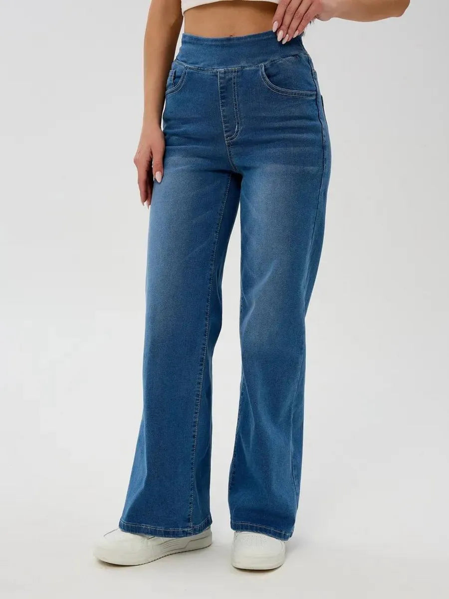 Blue Wide-Leg Straight Jeans with Elastic Waist