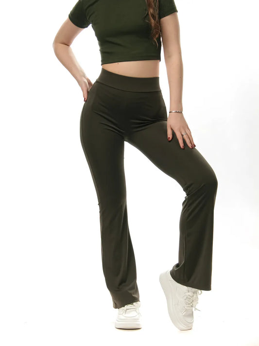 High-Waist Khaki Flared Leggings – Stretchy Slim-Fit Comfort Pants