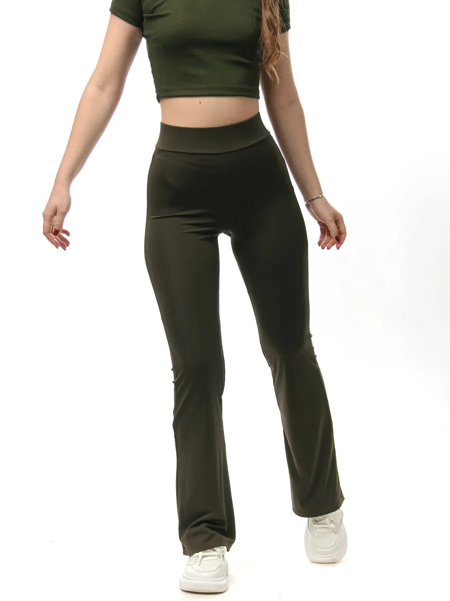 High-Waist Khaki Flared Leggings – Stretchy Slim-Fit Comfort Pants