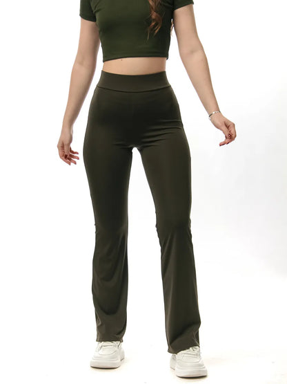 High-Waist Khaki Flared Leggings – Stretchy Slim-Fit Comfort Pants