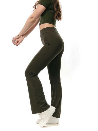 High-Waist Khaki Flared Leggings – Stretchy Slim-Fit Comfort Pants