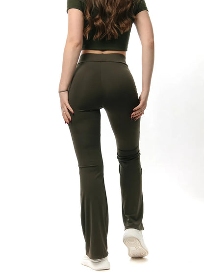 High-Waist Khaki Flared Leggings – Stretchy Slim-Fit Comfort Pants
