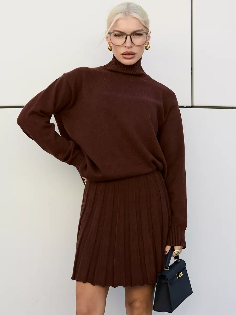 Knitted Two-Piece Set for Women – Ribbed Sweater and Skirt