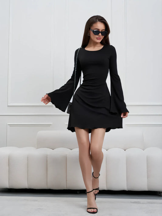 Ribbed Knit Mini Dress for Women – Autumn Style with Wide Sleeves