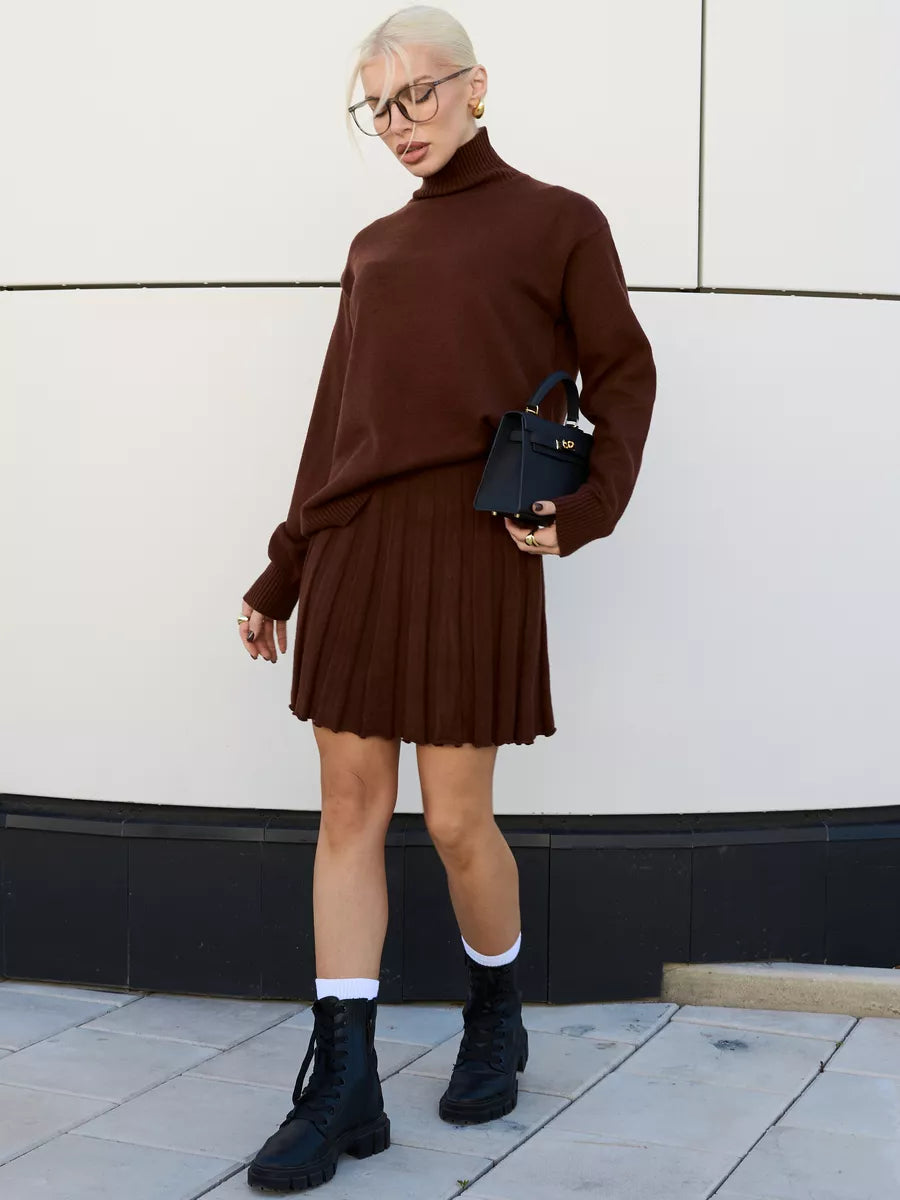 Knitted Two-Piece Set for Women – Ribbed Sweater and Skirt