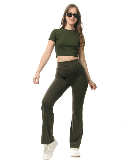 High-Waist Khaki Flared Leggings – Stretchy Slim-Fit Comfort Pants