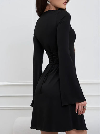 Ribbed Knit Mini Dress for Women – Autumn Style with Wide Sleeves