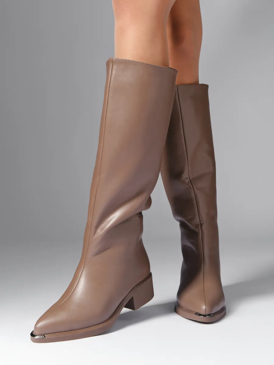 Winter Knee-High Boots for Women, Low Heel, Sleek Faux Leather, Warm Synthetic Fur Lining