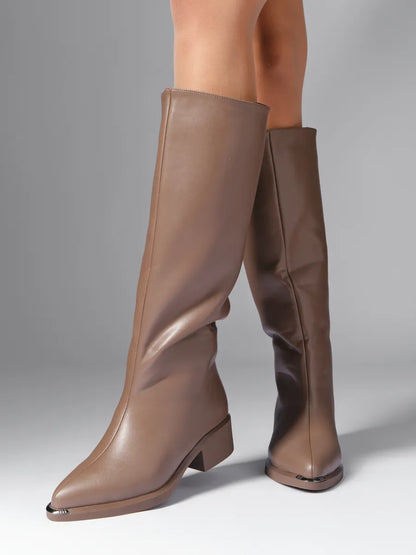Winter Knee-High Boots for Women, Low Heel, Sleek Faux Leather, Warm Synthetic Fur Lining