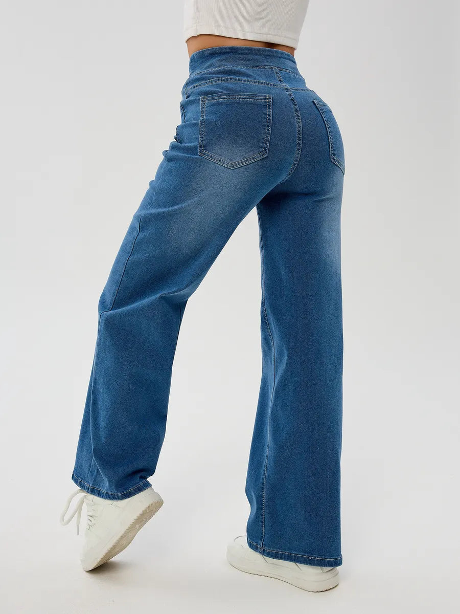 Blue Wide-Leg Straight Jeans with Elastic Waist