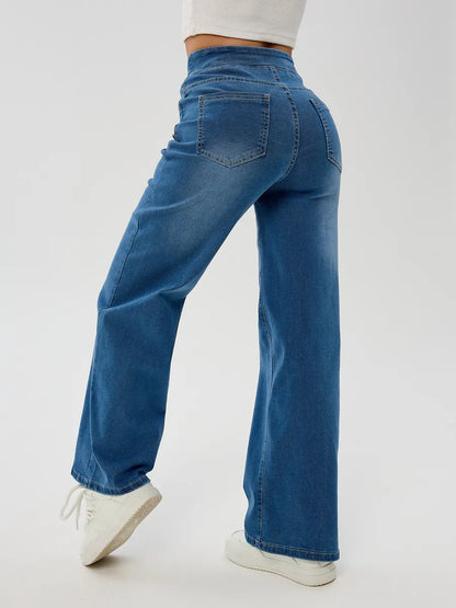 Blue Wide-Leg Straight Jeans with Elastic Waist