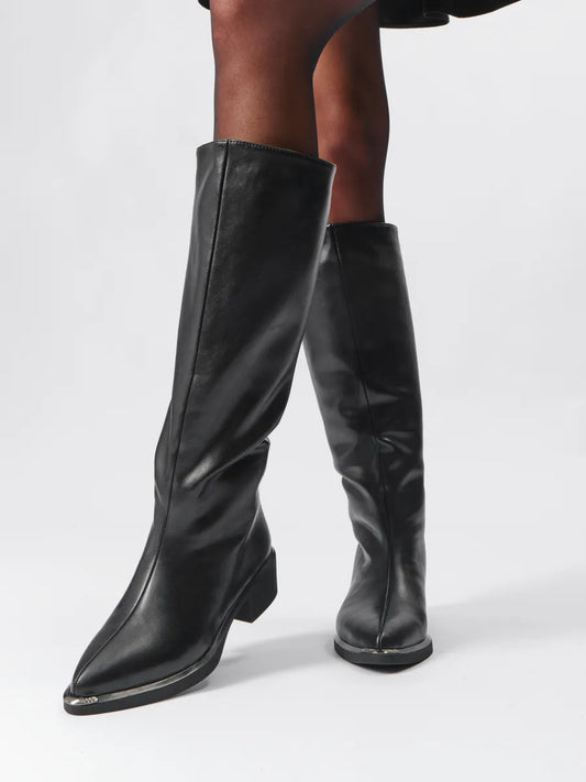 Winter Knee-High Boots for Women, Low Heel, Sleek Faux Leather, Warm Synthetic Fur Lining