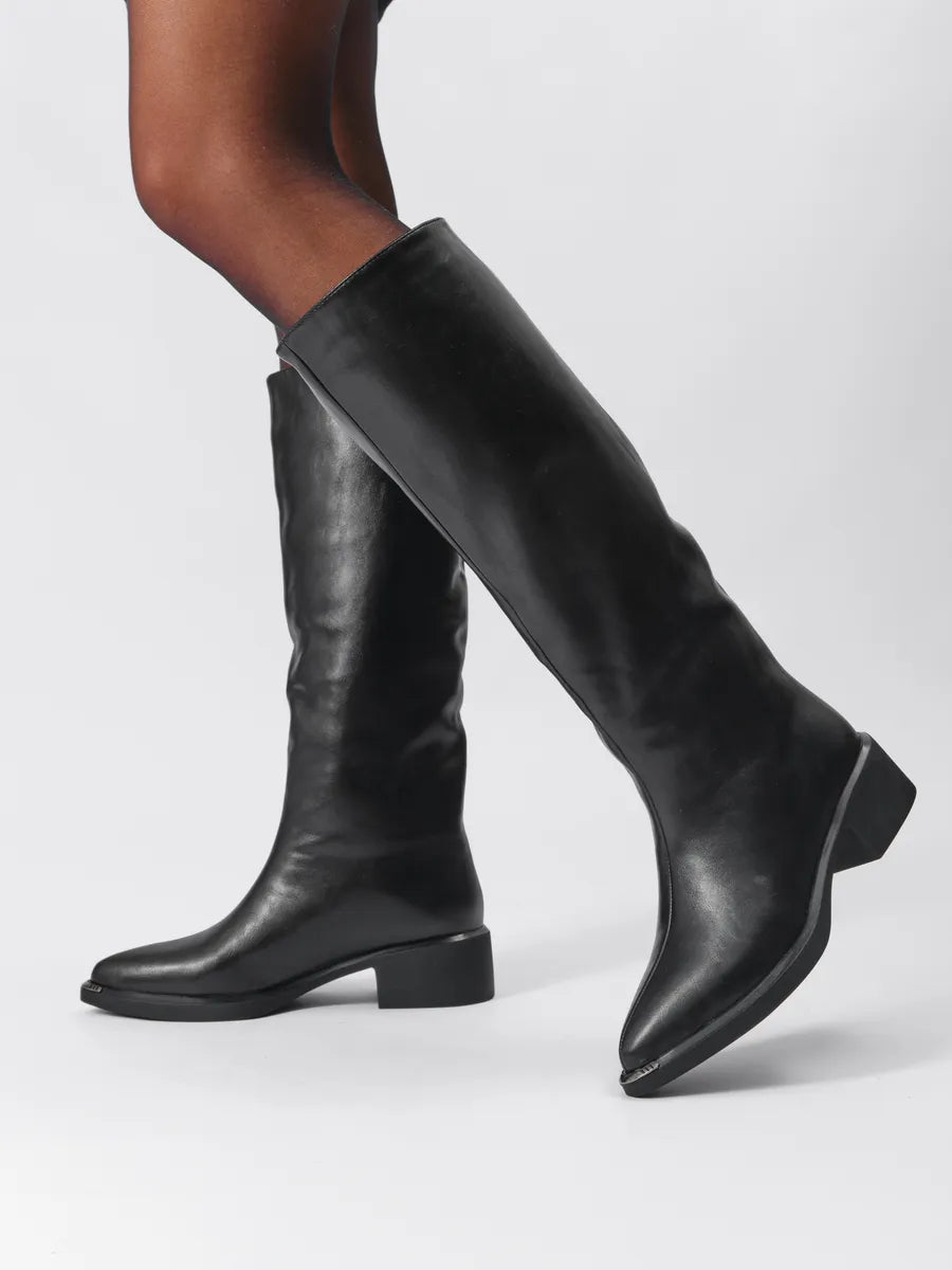 Winter Knee-High Boots for Women, Low Heel, Sleek Faux Leather, Warm Synthetic Fur Lining