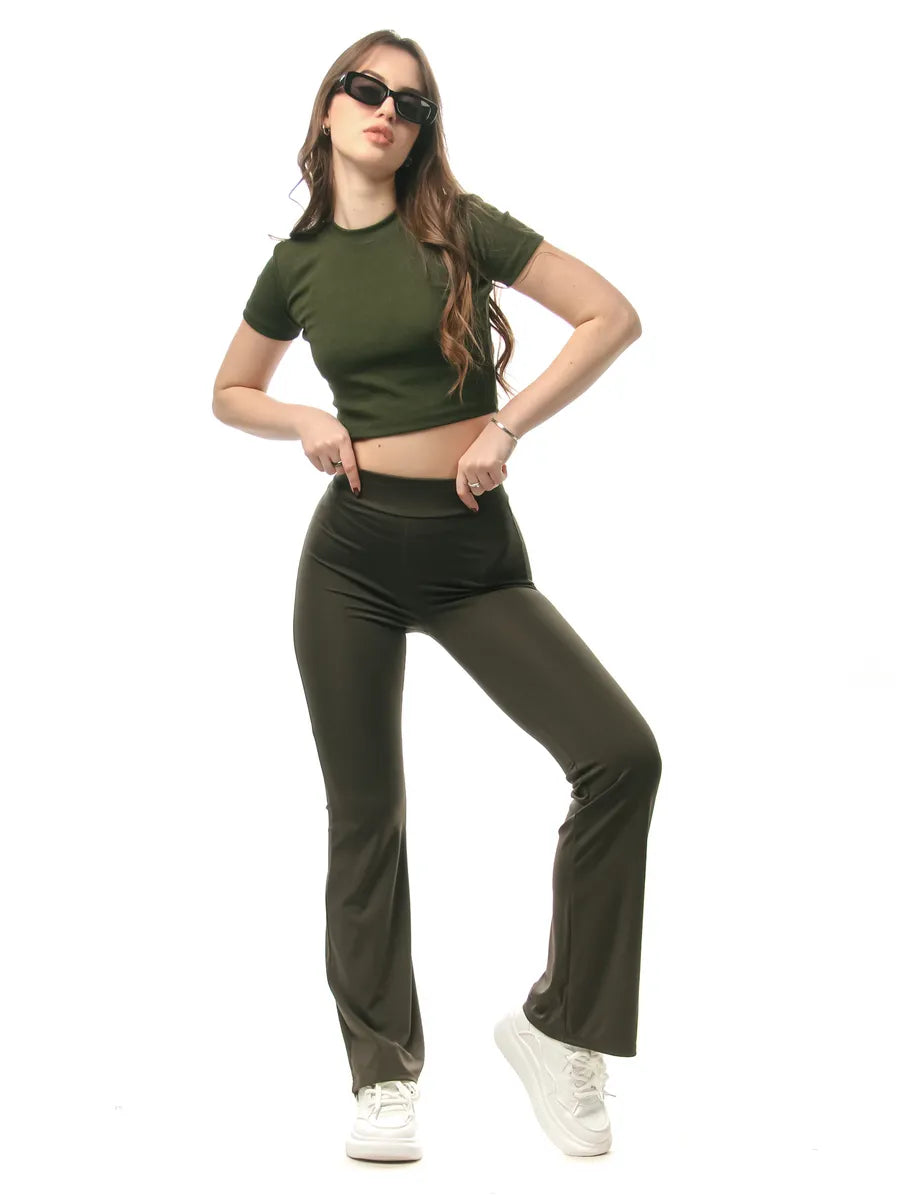 High-Waist Khaki Flared Leggings – Stretchy Slim-Fit Comfort Pants