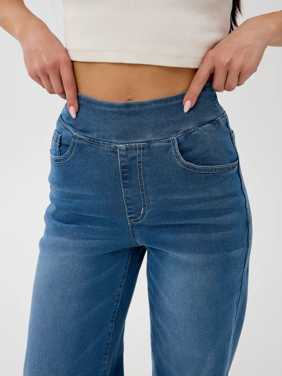 Blue Wide-Leg Straight Jeans with Elastic Waist