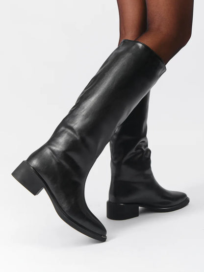 Winter Knee-High Boots for Women, Low Heel, Sleek Faux Leather, Warm Synthetic Fur Lining