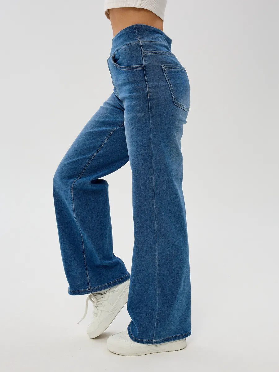 Blue Wide-Leg Straight Jeans with Elastic Waist