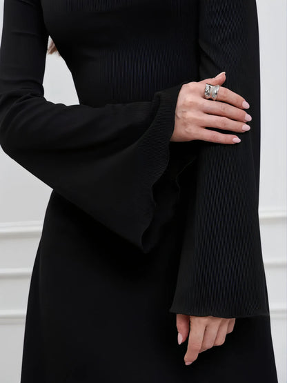 Ribbed Knit Mini Dress for Women – Autumn Style with Wide Sleeves