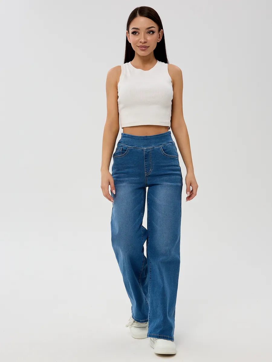 Blue Wide-Leg Straight Jeans with Elastic Waist