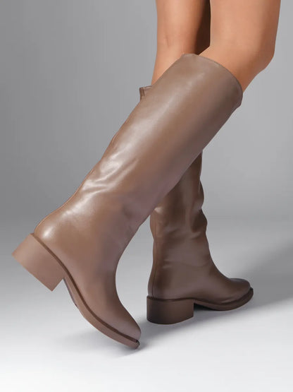 Winter Knee-High Boots for Women, Low Heel, Sleek Faux Leather, Warm Synthetic Fur Lining