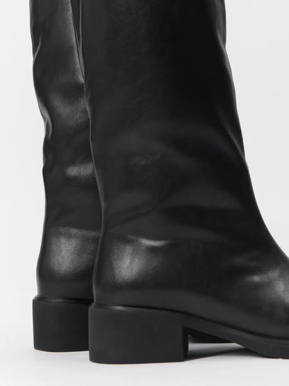 Winter Knee-High Boots for Women, Low Heel, Sleek Faux Leather, Warm Synthetic Fur Lining