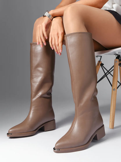Winter Knee-High Boots for Women, Low Heel, Sleek Faux Leather, Warm Synthetic Fur Lining