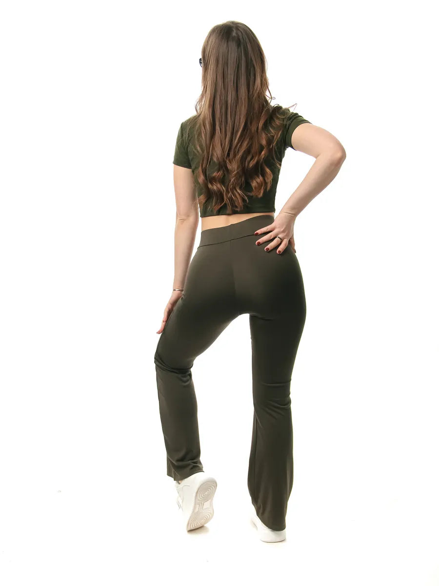 High-Waist Khaki Flared Leggings – Stretchy Slim-Fit Comfort Pants