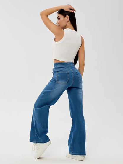 Blue Wide-Leg Straight Jeans with Elastic Waist