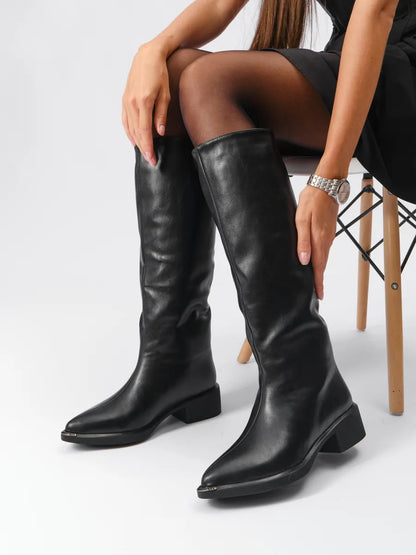Winter Knee-High Boots for Women, Low Heel, Sleek Faux Leather, Warm Synthetic Fur Lining