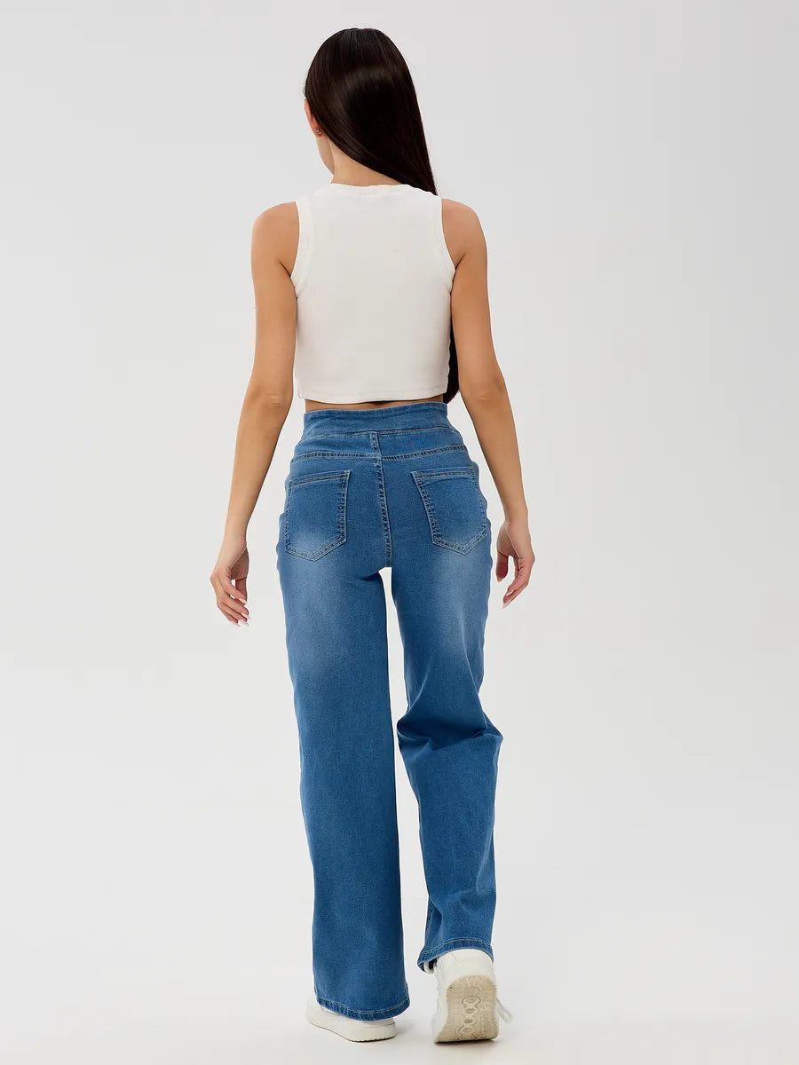 Blue Wide-Leg Straight Jeans with Elastic Waist