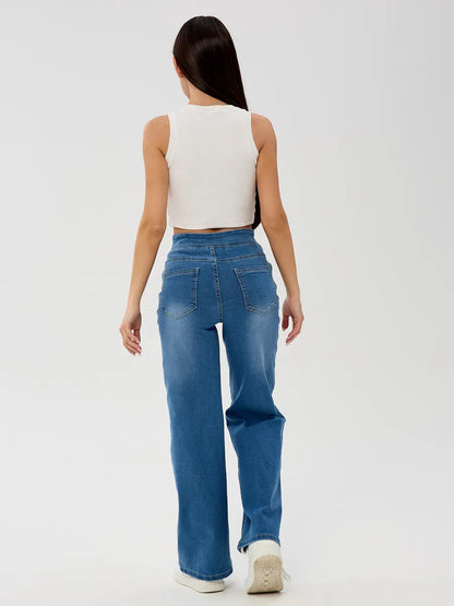 Blue Wide-Leg Straight Jeans with Elastic Waist